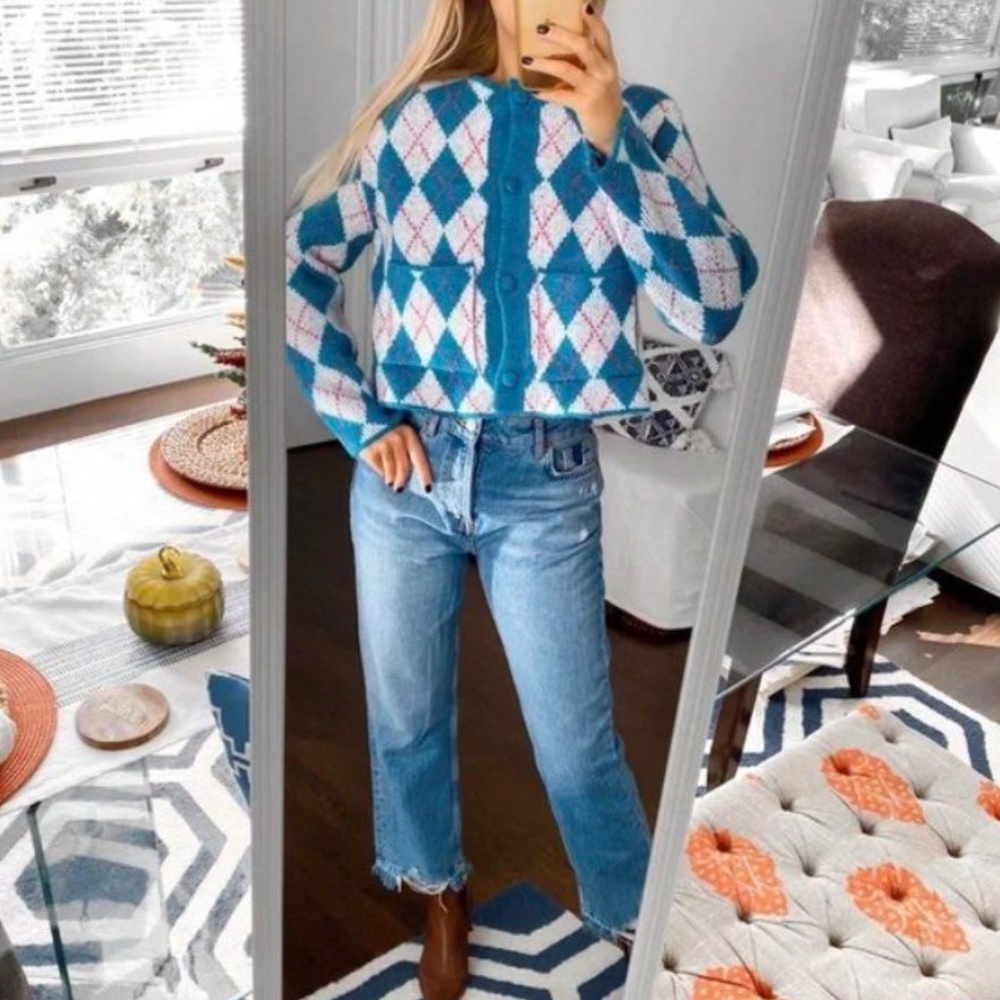 ZARA ARGYLE KNIT JACQUARD CARDIGAN NWT